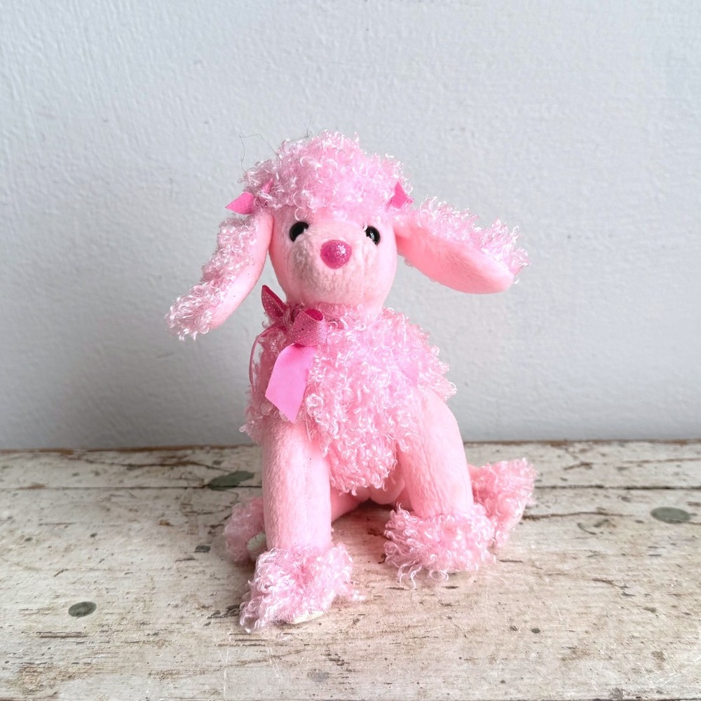 Ty Beanie Baby Pinky Poo Pink Poodle Plush Curly Fur Bows 2005
